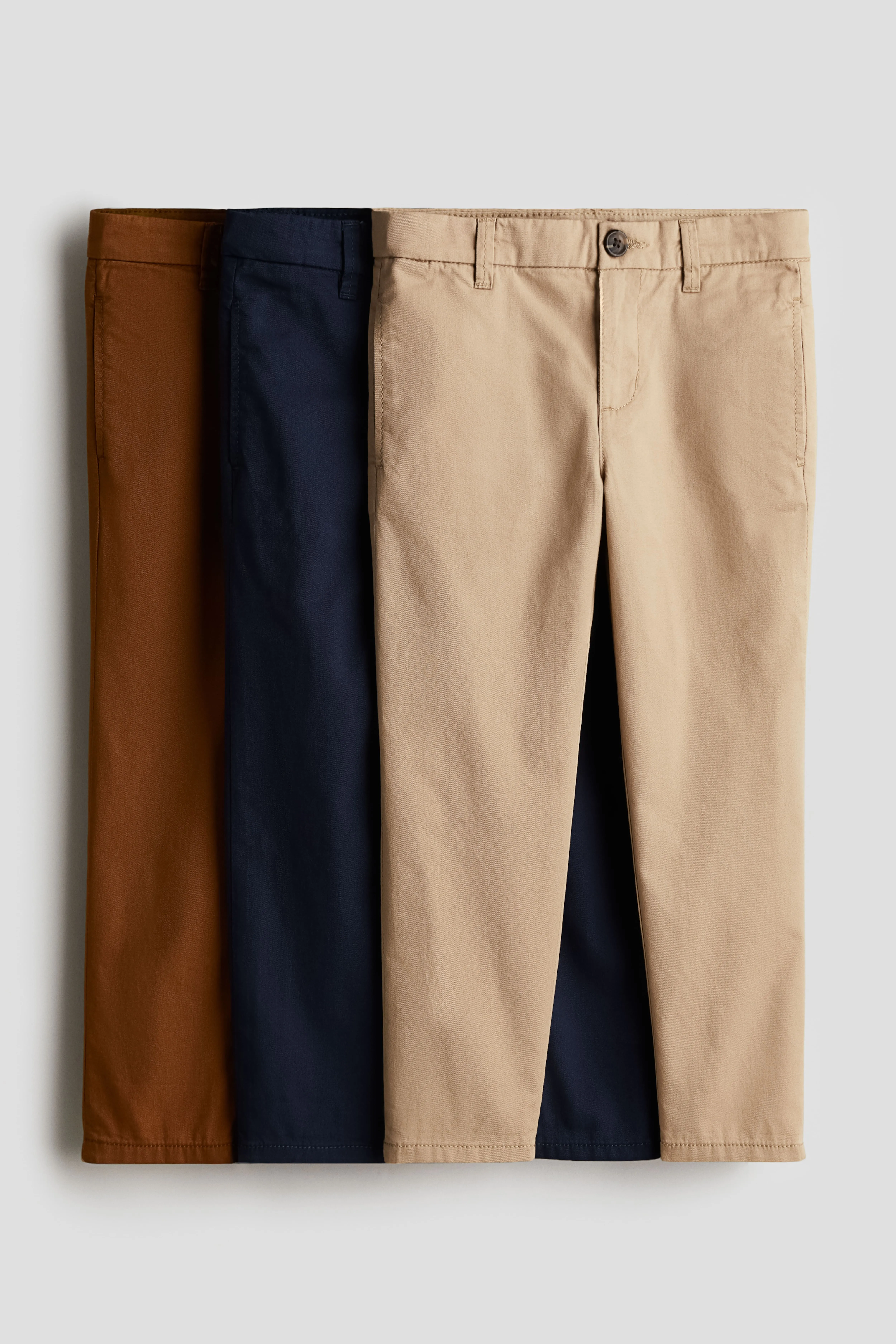 3-pack cotton twill chinos - Regular waist - Long - Brown/Navy blue - Kids | H&M GB