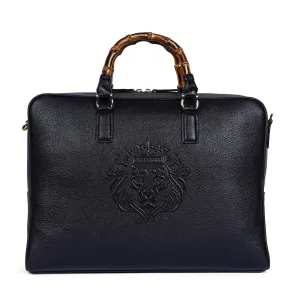 Bamboo Handle Black Laptop/Office Briefcase in Textured Leather