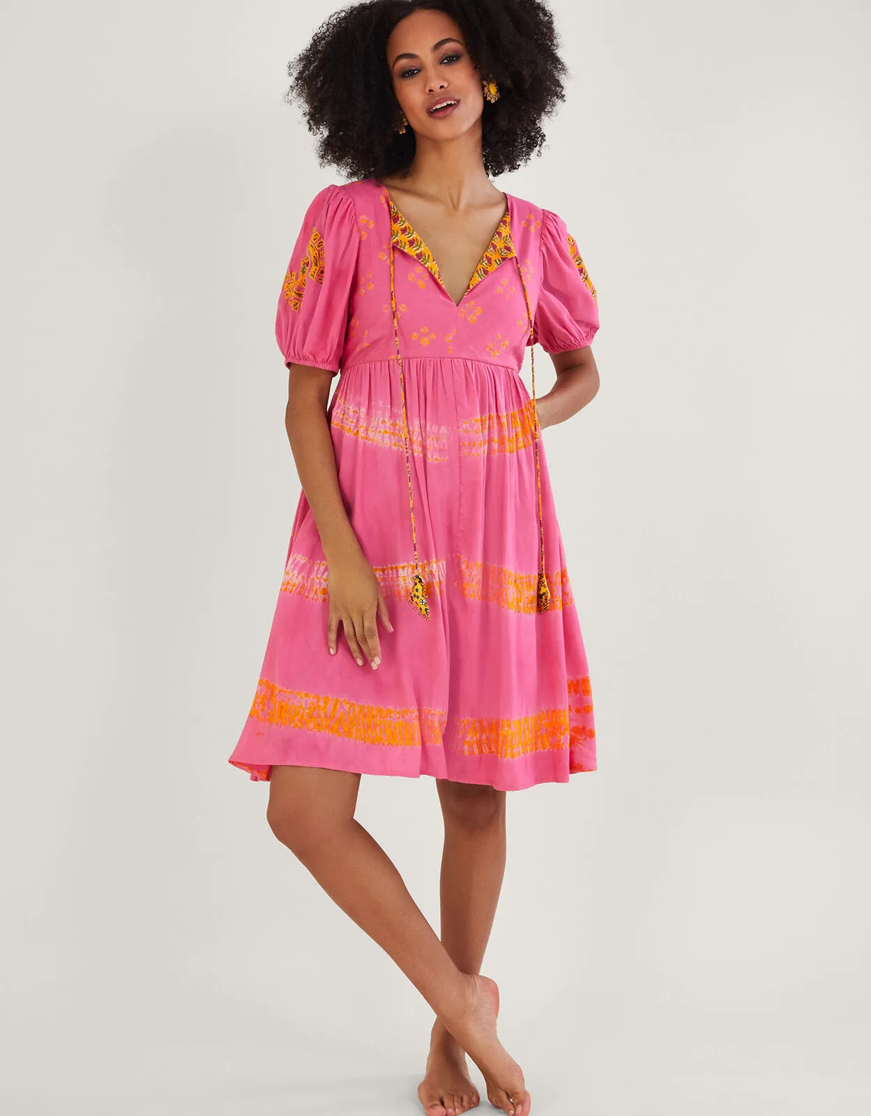 Bandhani Dye Print Contrast Lining Dress in LENZING™ ECOVERO™ Orange