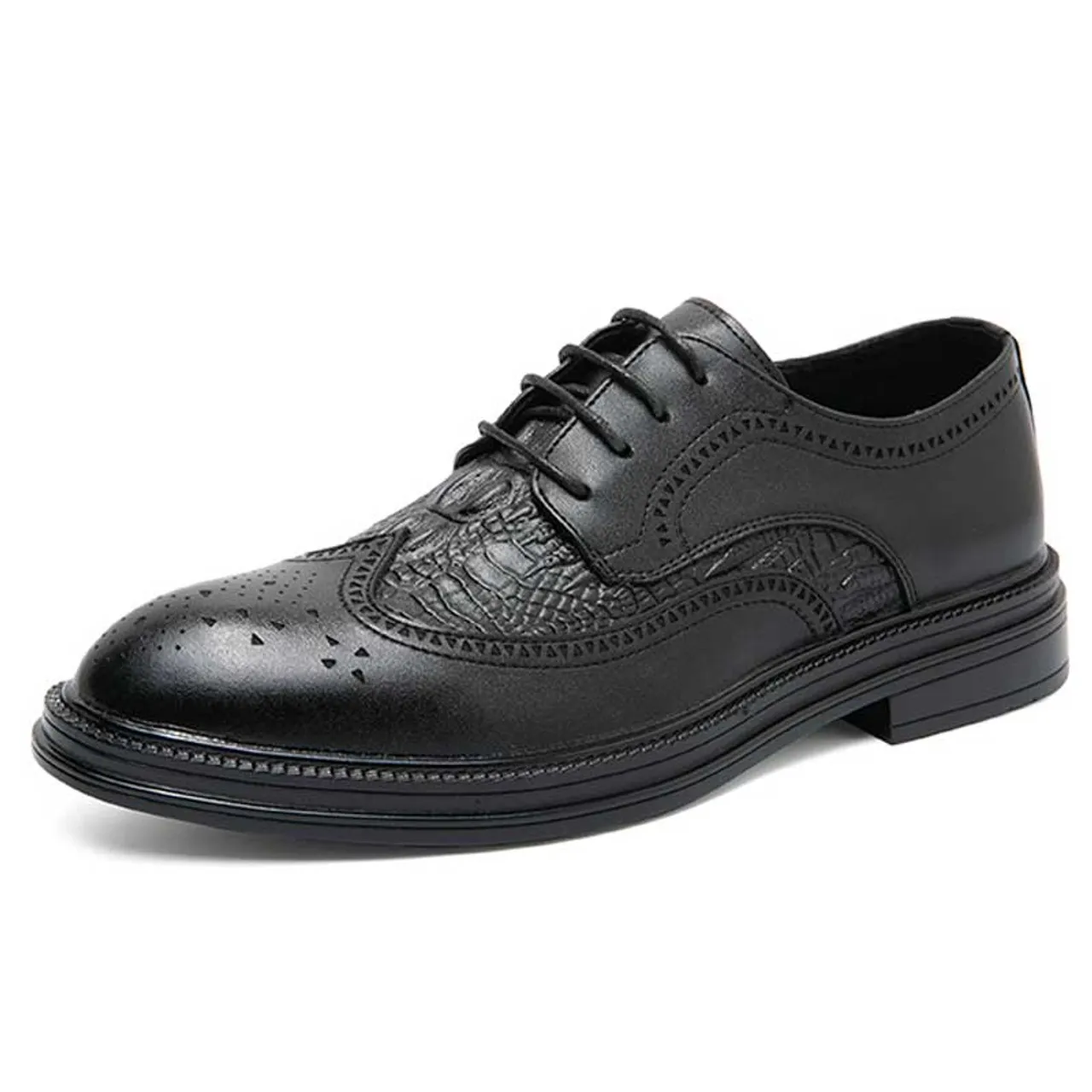 Black croc skin pattern brogue derby dress shoe