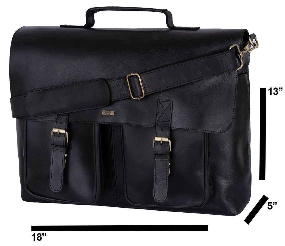 Black Leather briefcase Laptop Messenger Bags for Men & Women - Office File Folder Bag