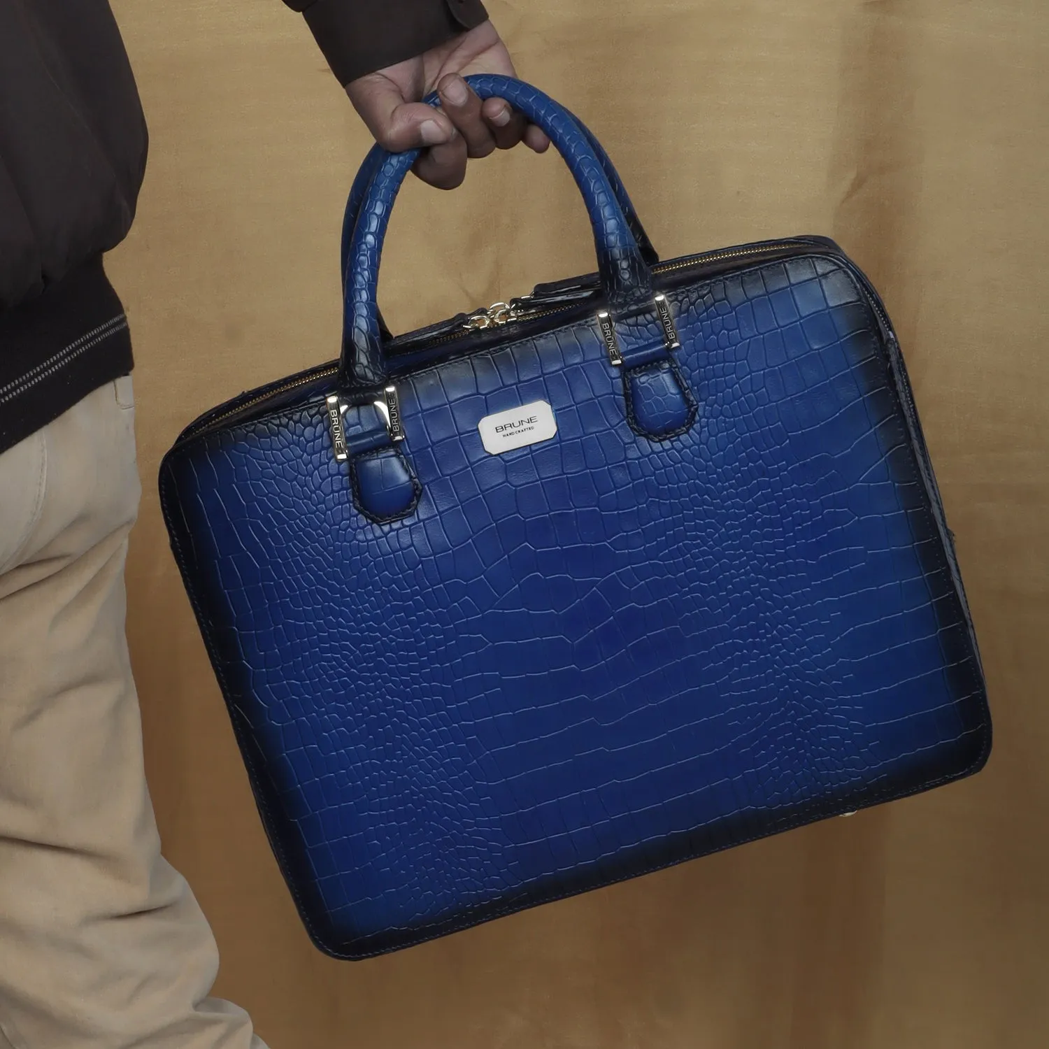 Blue Leather Unisex Office Briefcase with Organizer Compartment