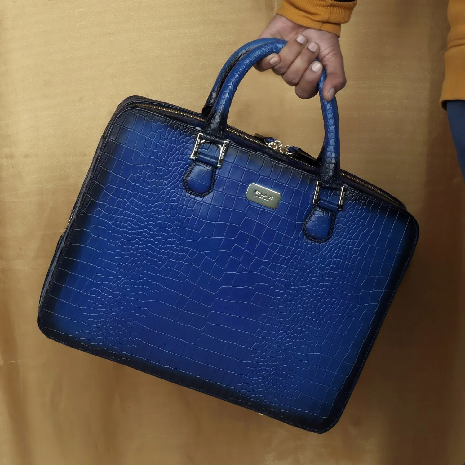 Blue Leather Unisex Office Briefcase with Organizer Compartment