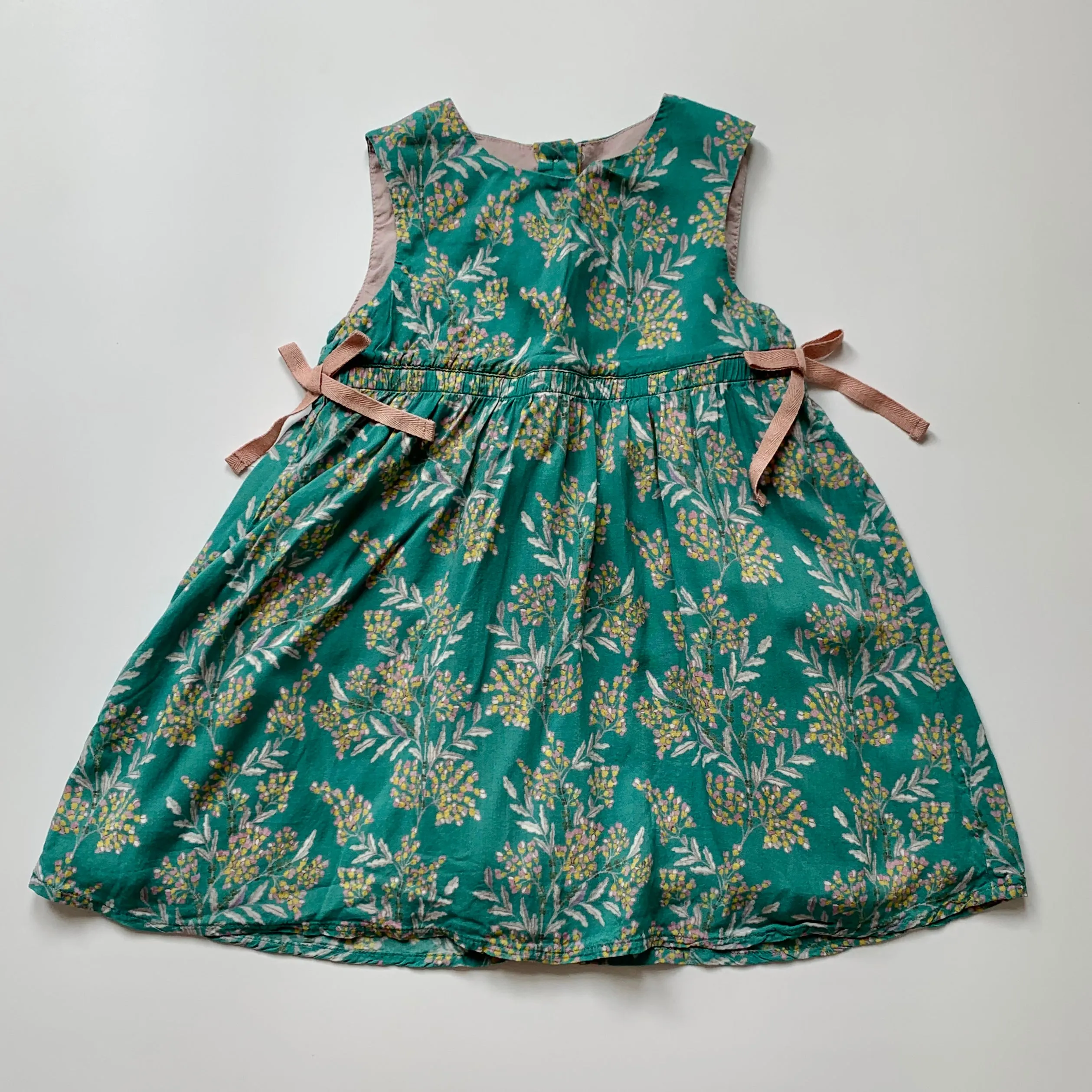 Bonnet  Pompon Green Floral Print Dress: 2 Years