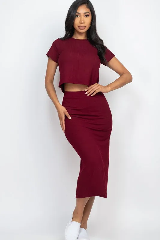 Capell Ribbed Solid Top & Midi Skirt Set