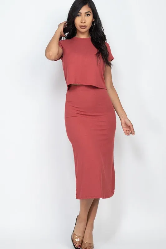 Capell Ribbed Solid Top & Midi Skirt Set