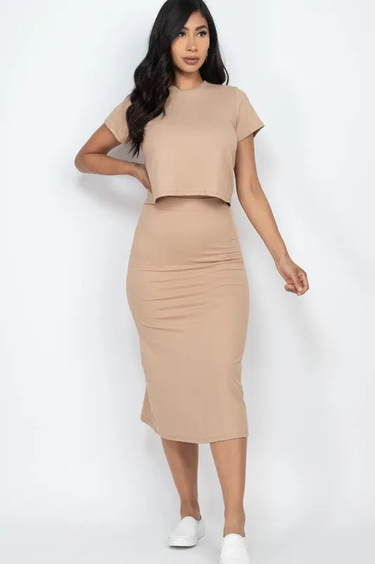 Capell Ribbed Solid Top & Midi Skirt Set