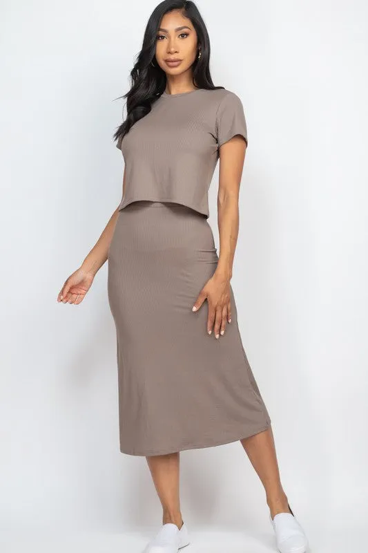 Capell Ribbed Solid Top & Midi Skirt Set