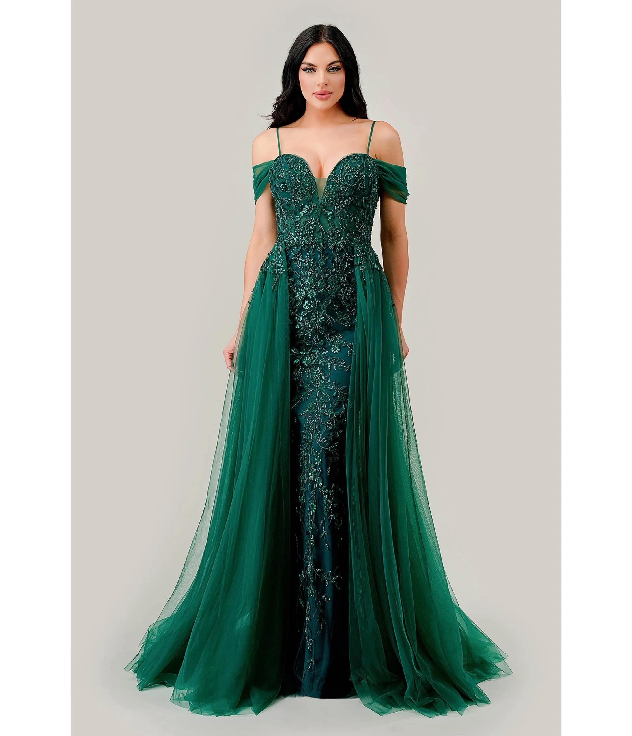 Cinderella Divine Emerald Off Shoulder Prom Gown