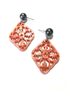 Coral & Slate Grey Pearl Bohemian Lace Medallion Earrings