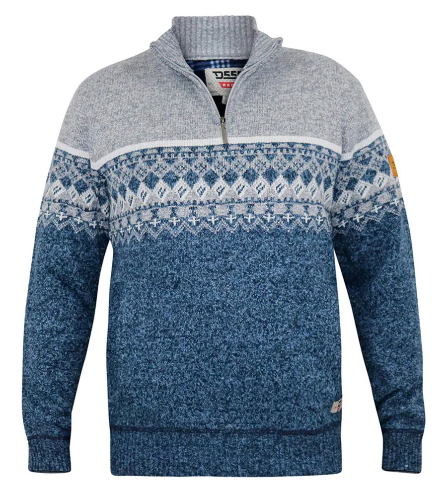 D555 Big Mens Fairisle Knitted Jumper With 1/4 Zip and Lining (RUDDINGTON)