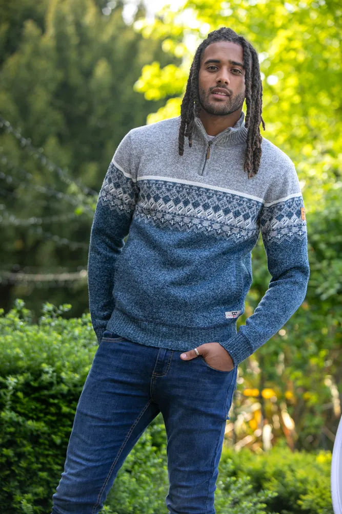 D555 Mens Fairisle Knitted Jumper With 1/4 Zip and Lining (RUDDINGTON)