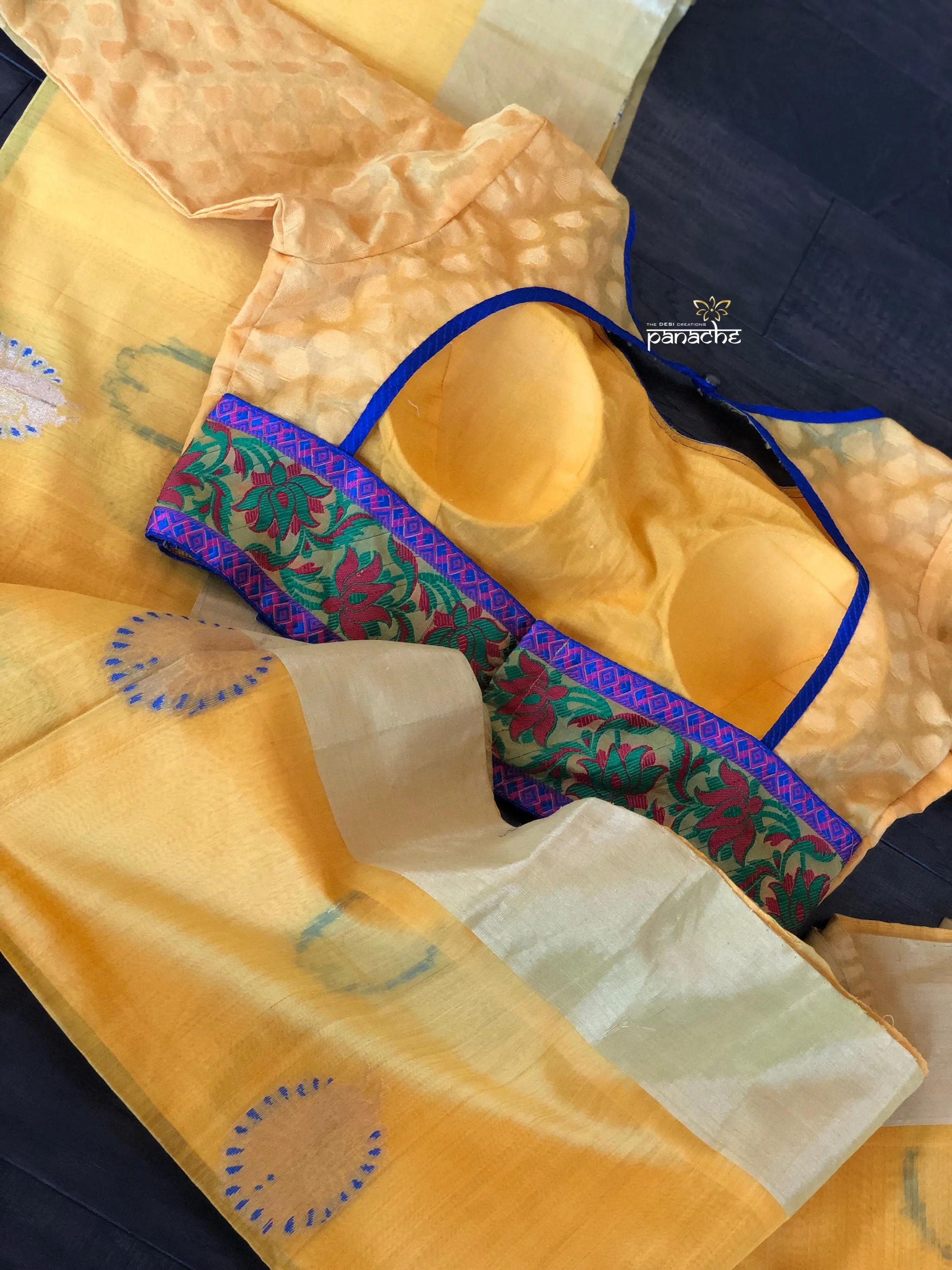 Designer Blouse - Yellow Blue Lining