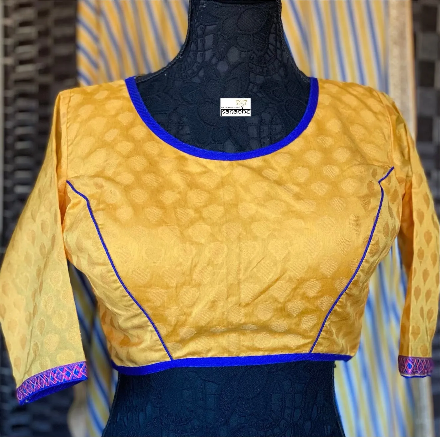 Designer Blouse - Yellow Blue Lining