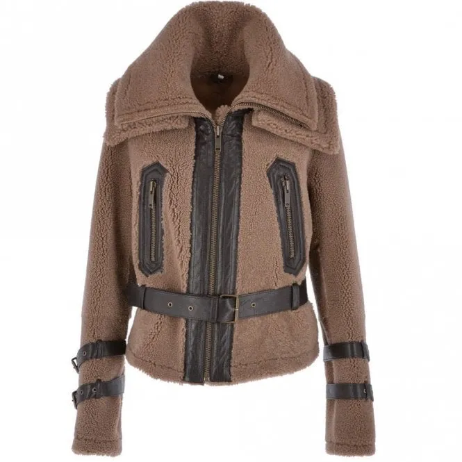 Double Collar Fitted Teddy Sheepskin Flying Jacket Biscuit Brown : Eliza