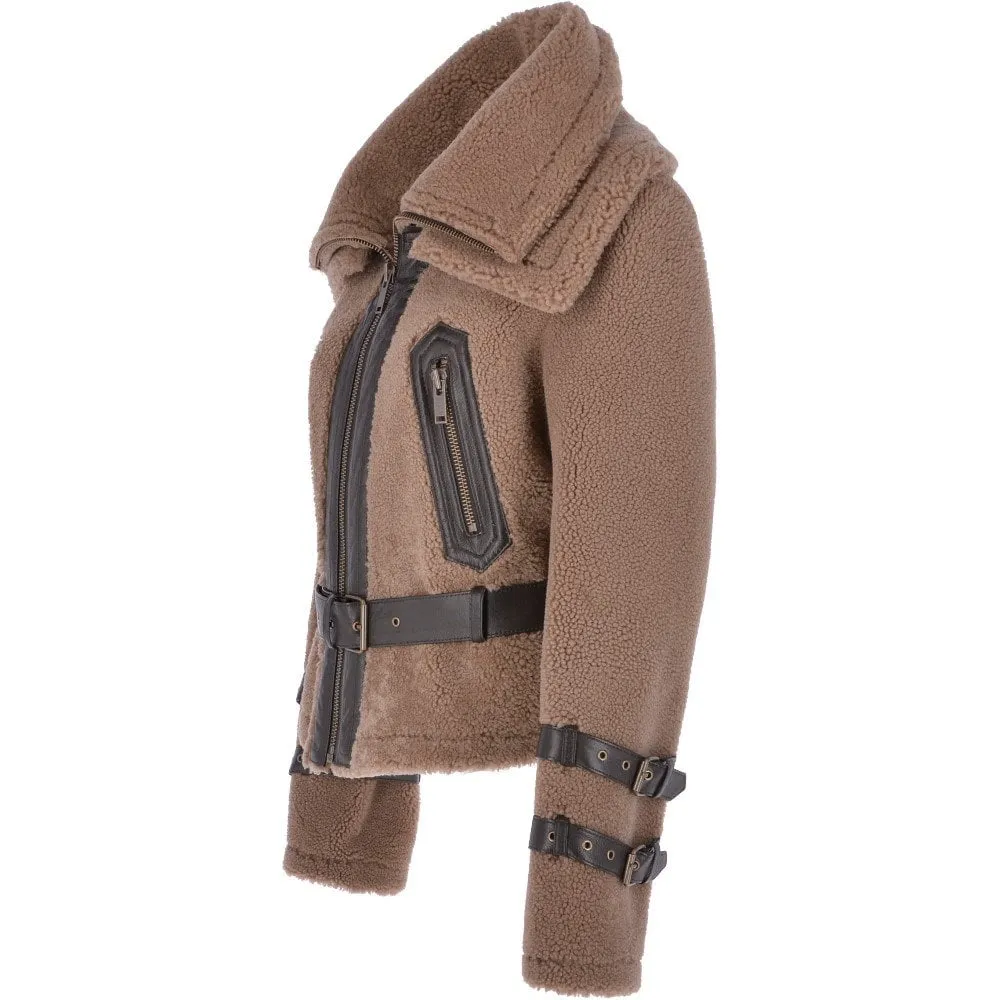 Double Collar Fitted Teddy Sheepskin Flying Jacket Biscuit Brown : Eliza