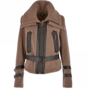 Double Collar Fitted Teddy Sheepskin Flying Jacket Biscuit Brown : Eliza