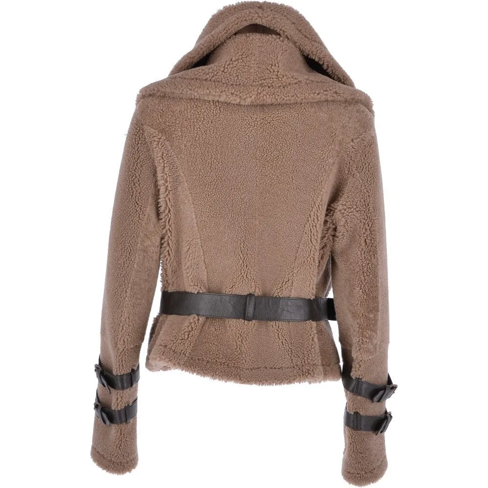 Double Collar Fitted Teddy Sheepskin Flying Jacket Biscuit Brown : Eliza