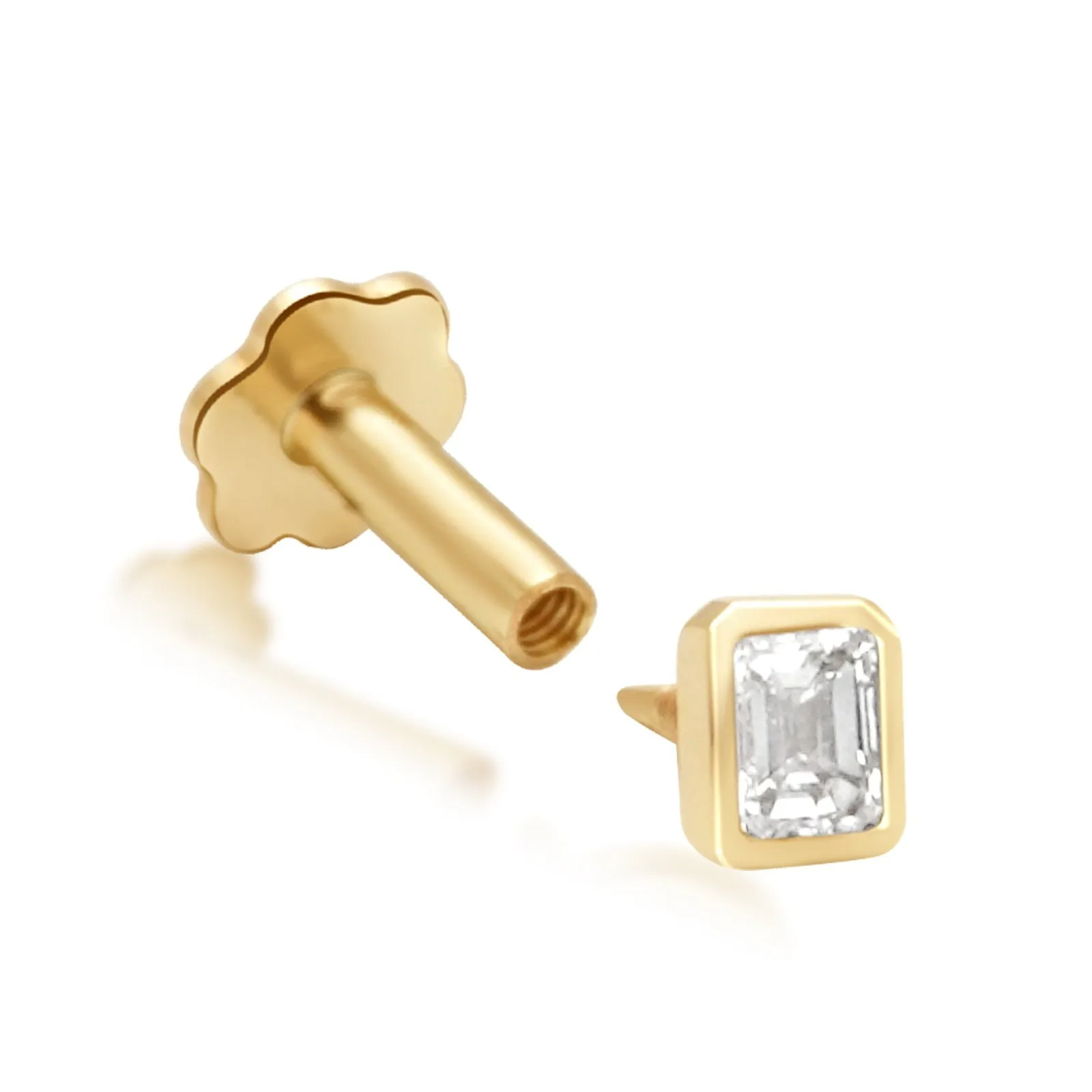 Emerald Cut Diamond Bezel Set - Flat Back Stud Earring