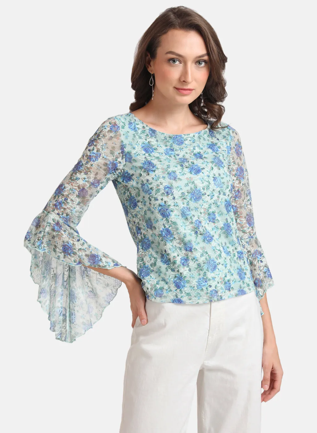 Floral Printed Lace Top With Bell Sleeves