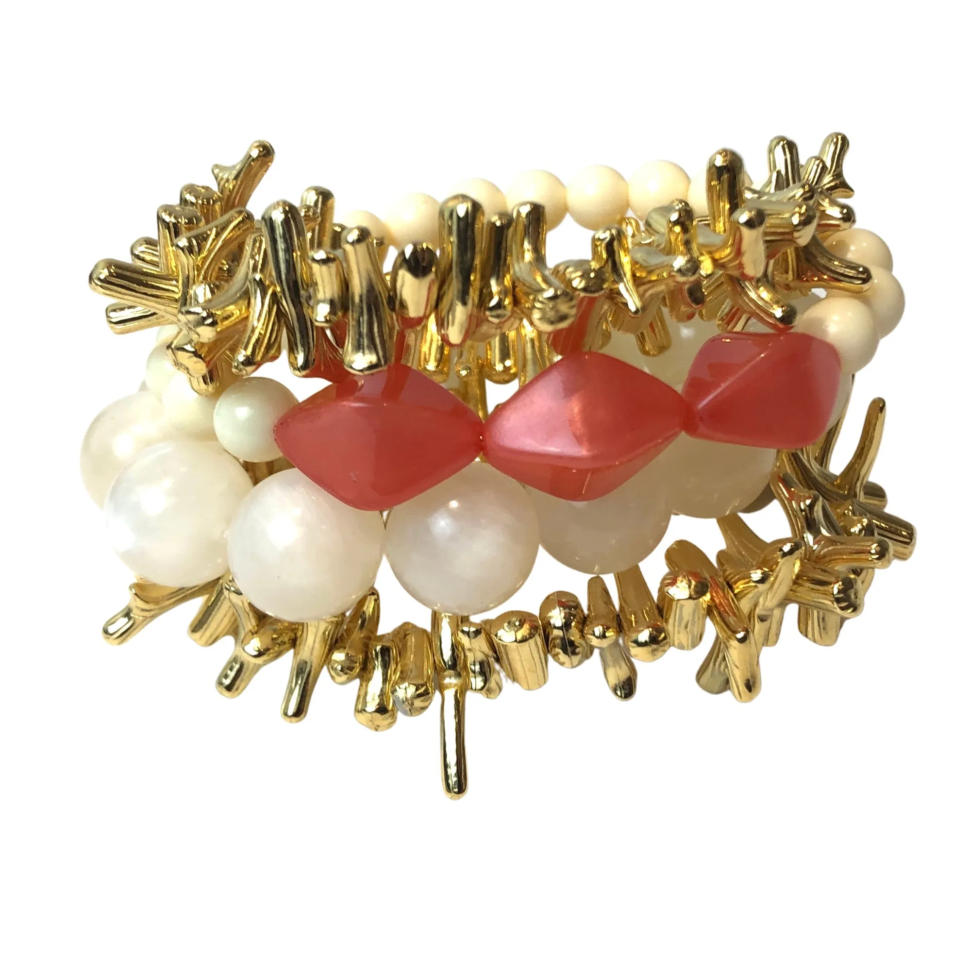 Gold Stick Coral & Cream Stack & Stretch Bracelets Set