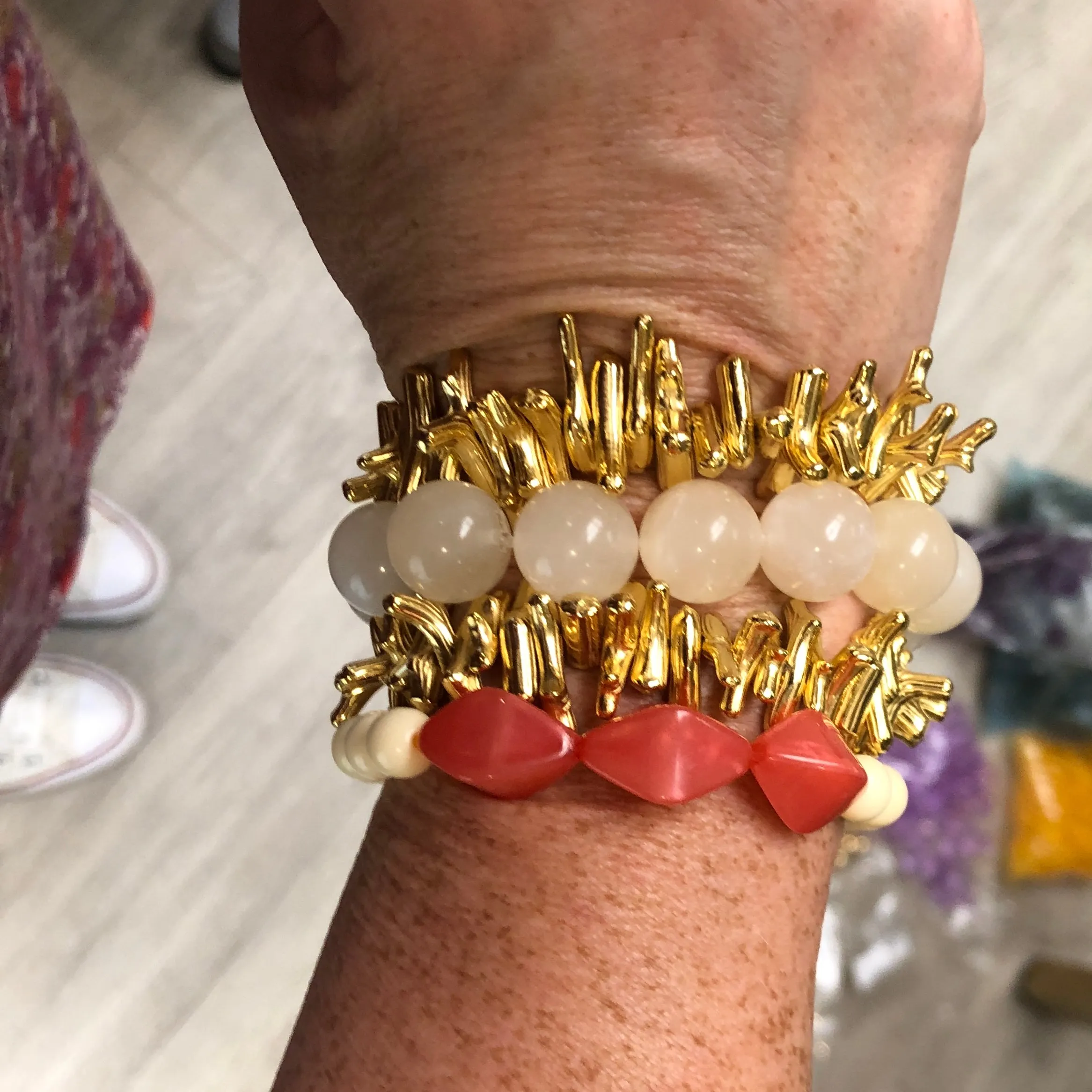 Gold Stick Coral & Cream Stack & Stretch Bracelets Set