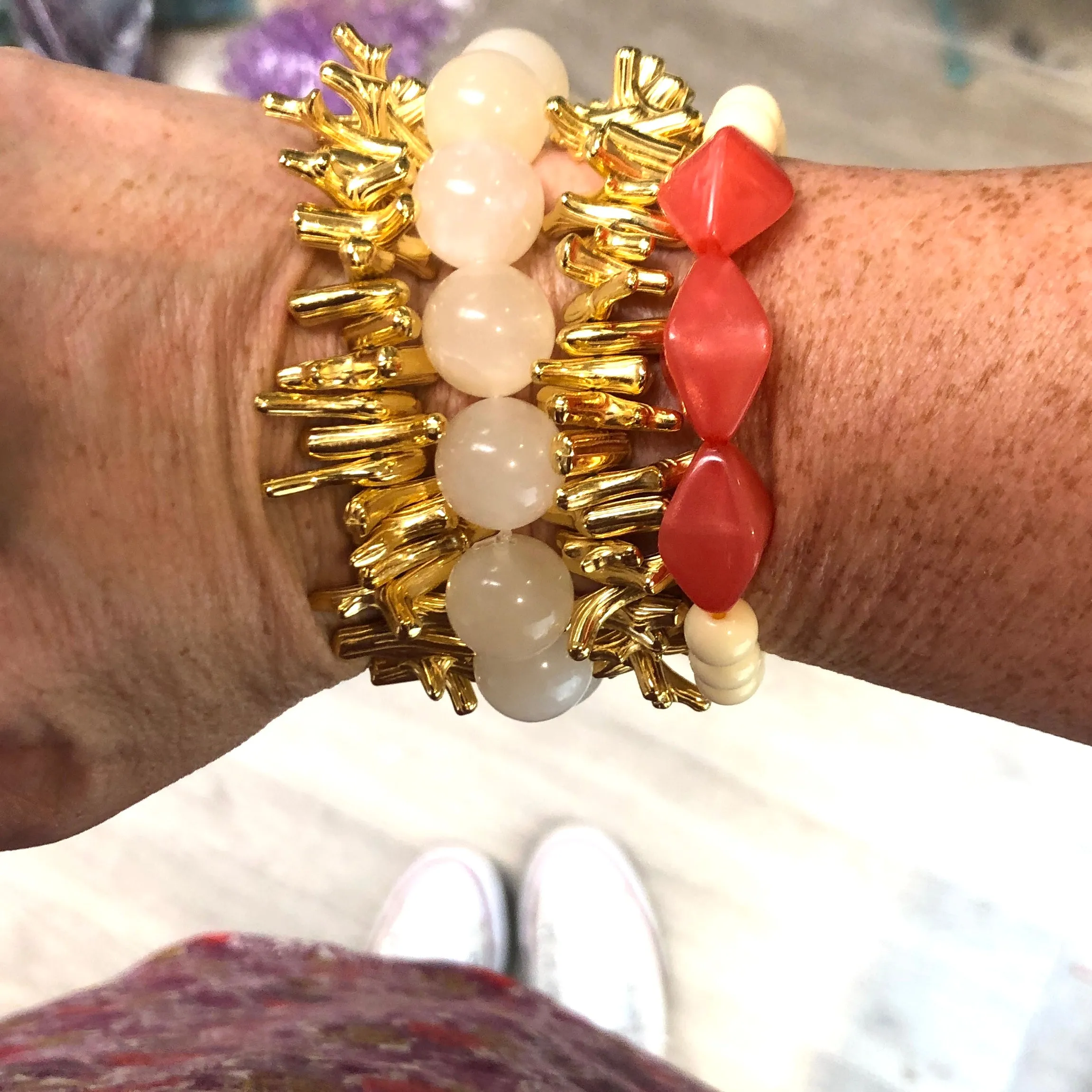 Gold Stick Coral & Cream Stack & Stretch Bracelets Set