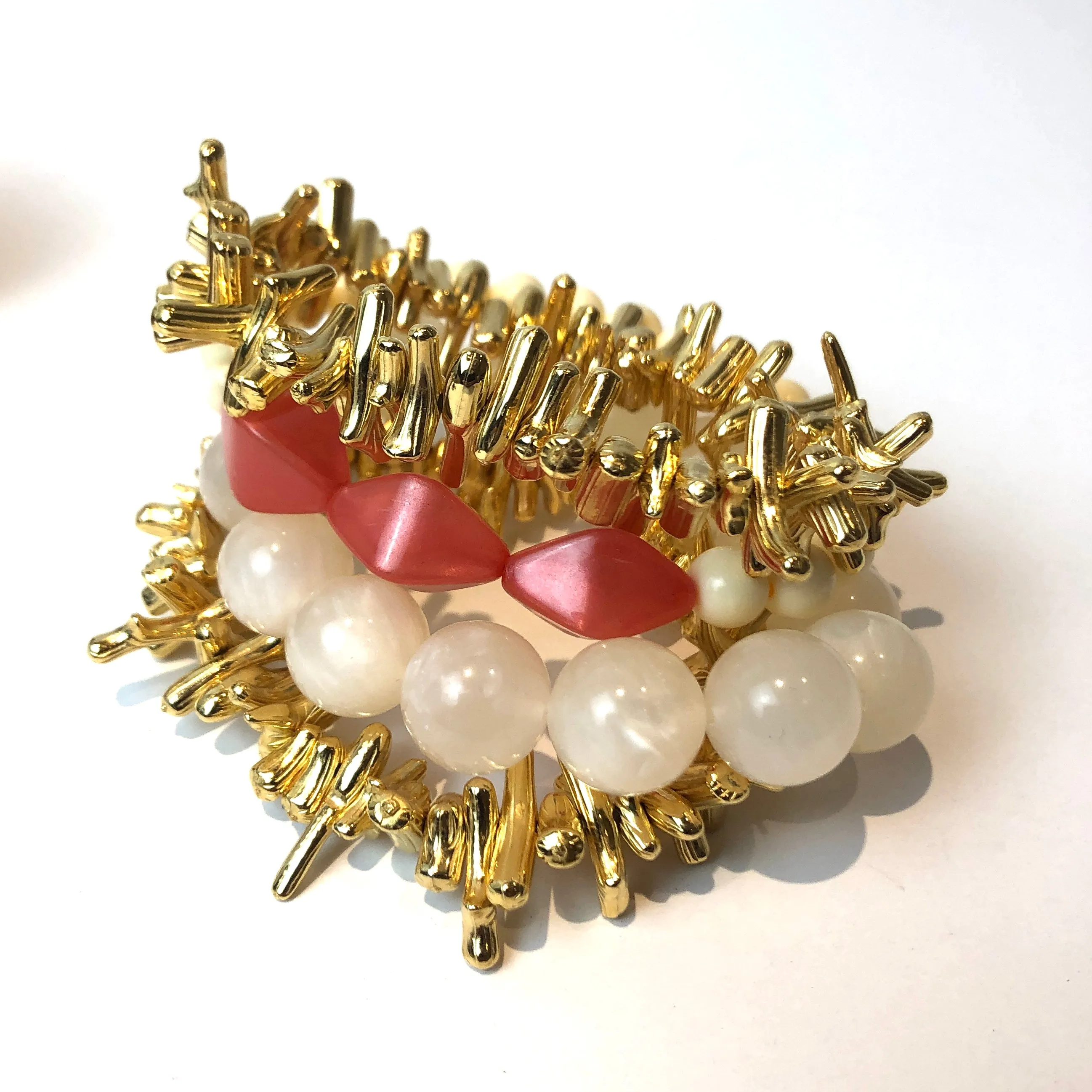 Gold Stick Coral & Cream Stack & Stretch Bracelets Set