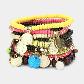 iLLASPARKZ 10PCS - Metal Disc Charm Wood Multi Beaded Stretch Bracelets