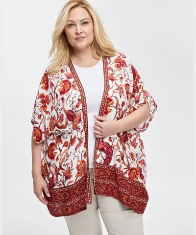 JM Collection Plus Size Printed Open-Front Kimono Top