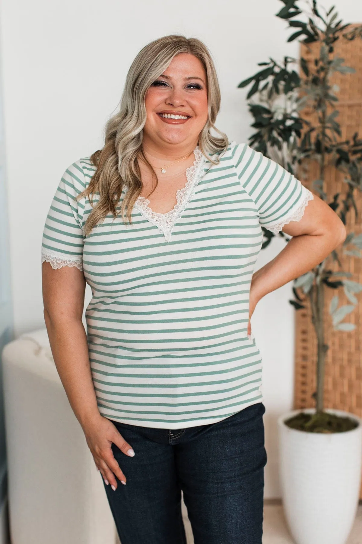 Just The Sweetest Striped Lace Top- Mint & White