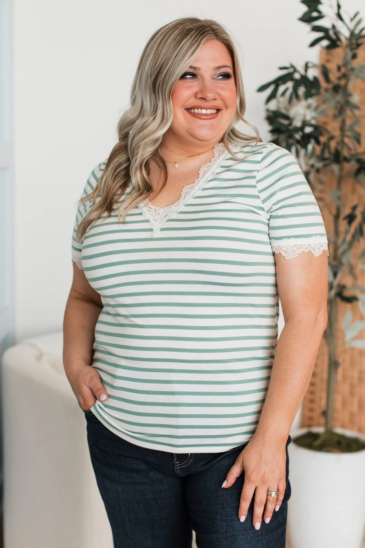 Just The Sweetest Striped Lace Top- Mint & White