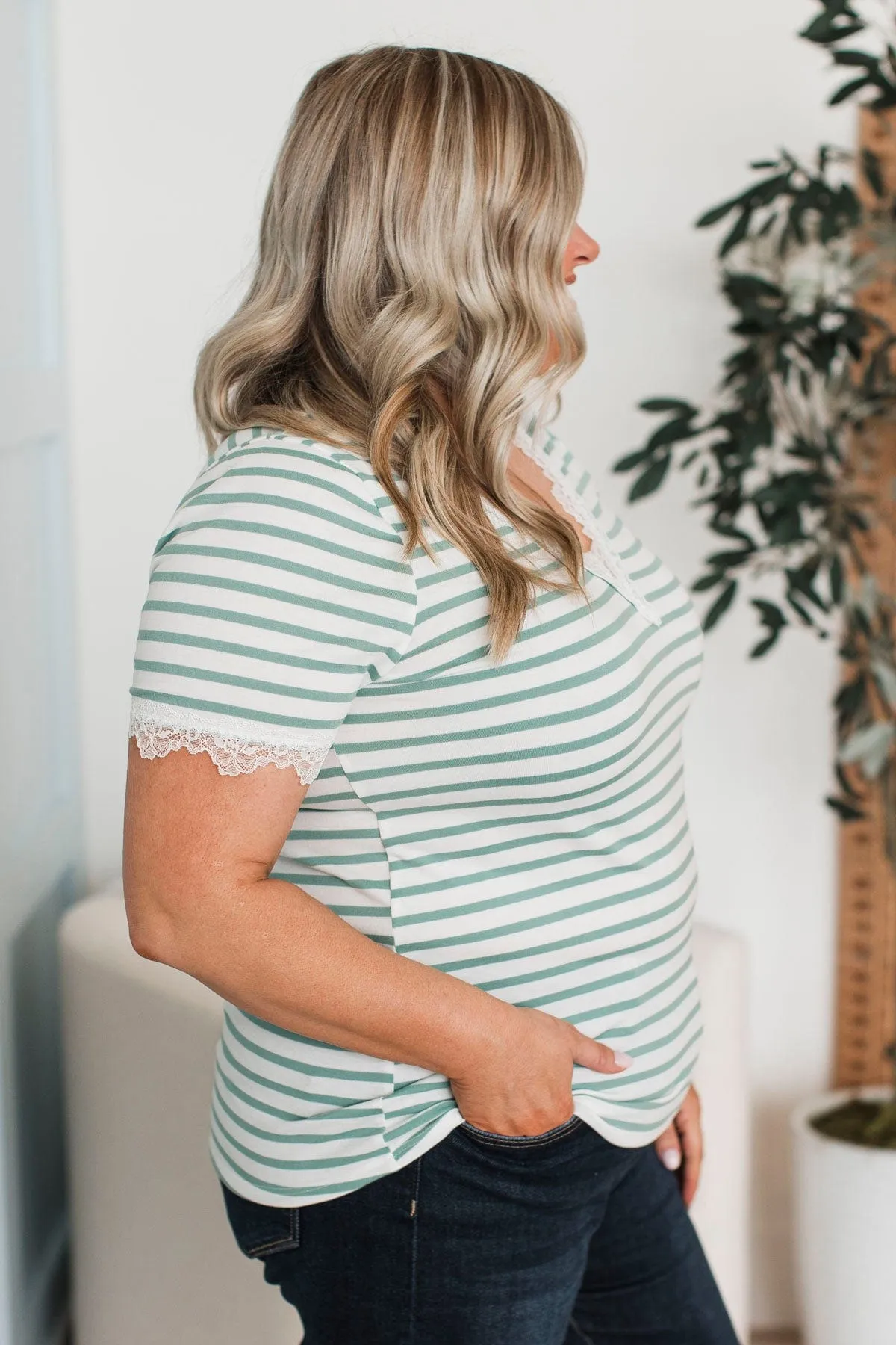 Just The Sweetest Striped Lace Top- Mint & White