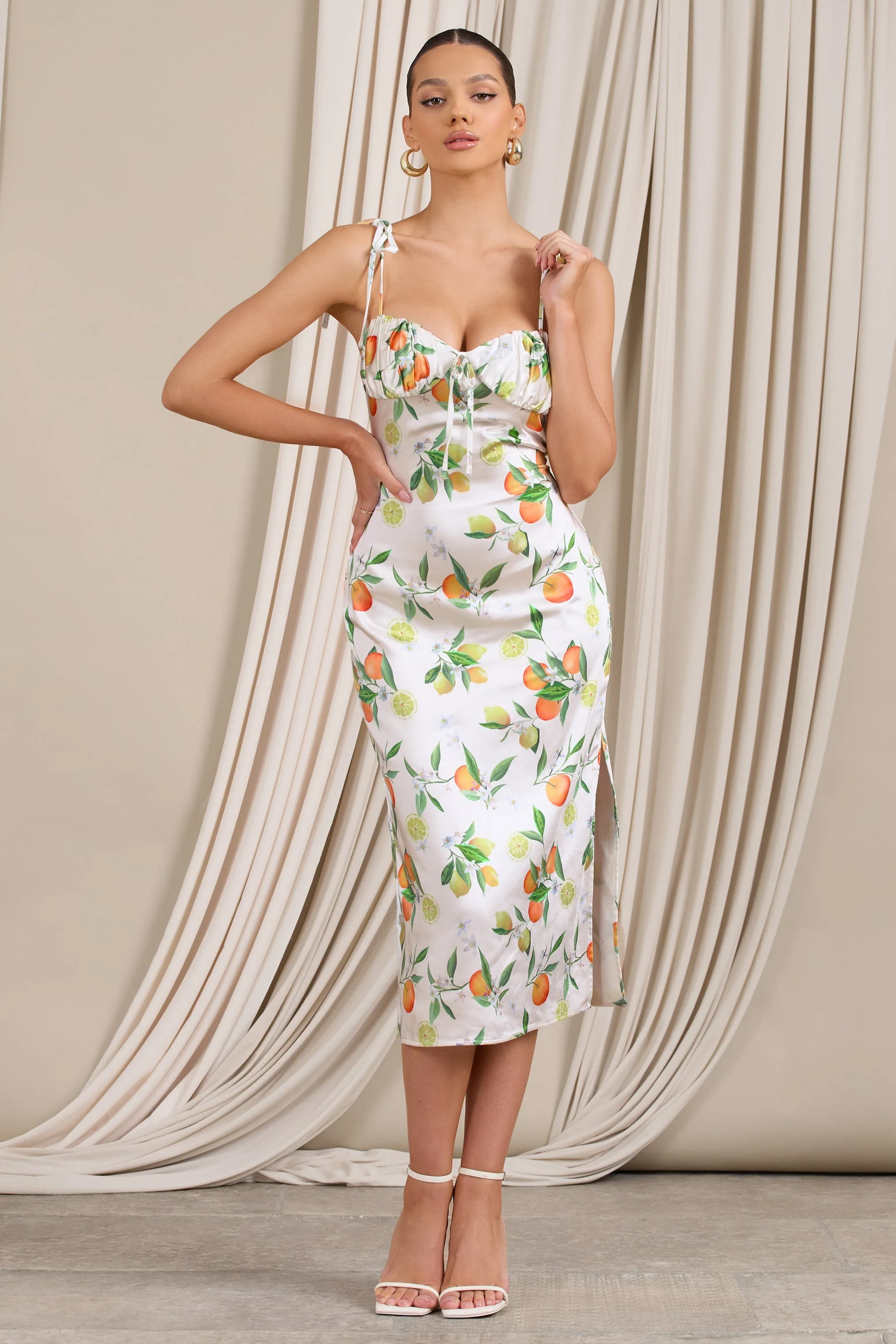 Lady Vitti | Lemon Print Satin Strappy Split Midi Dress