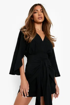 Linen Tie Front Kimono Sleeve Shift Dress