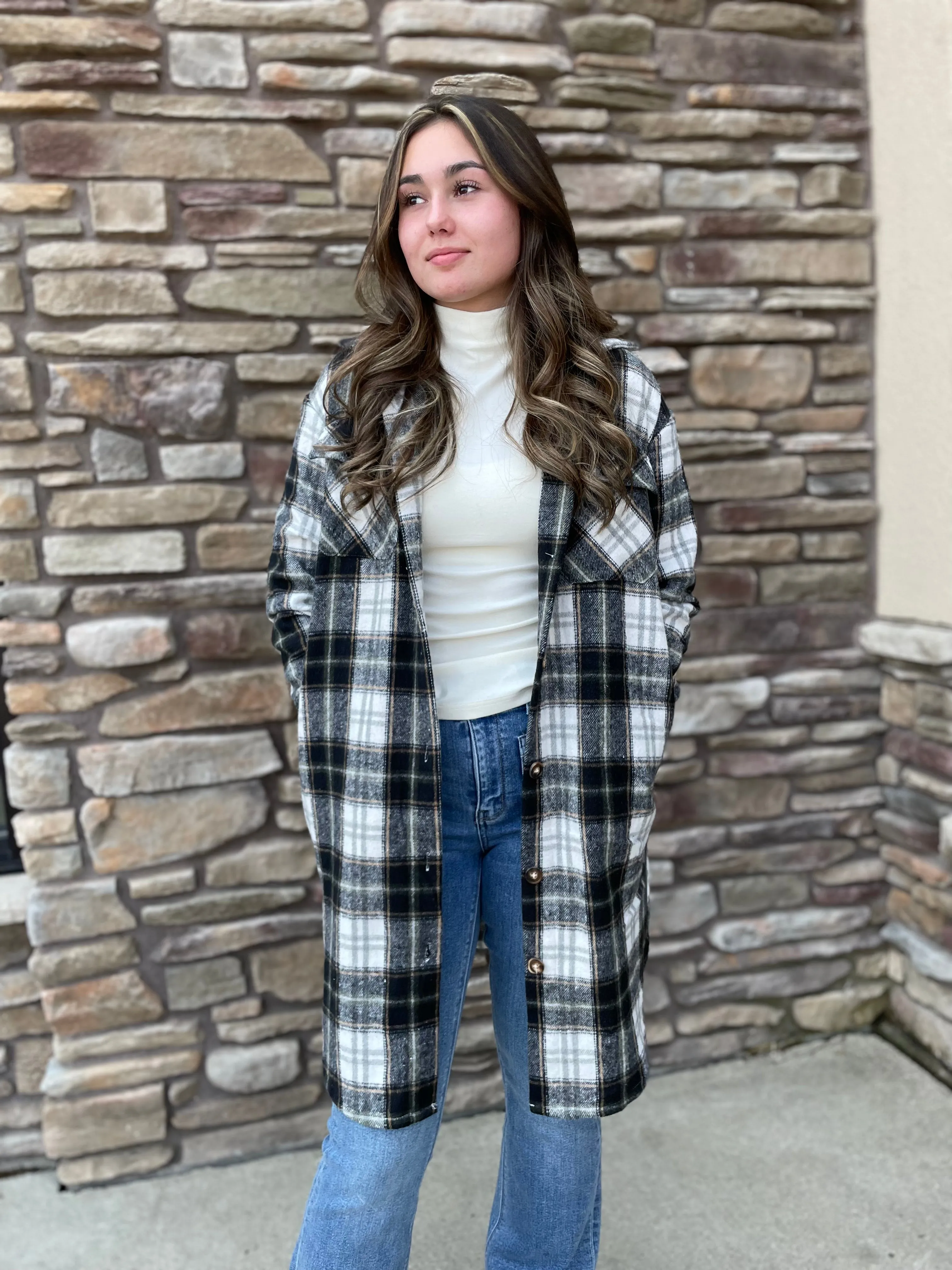 Long Plaid Flannel | Black, White, & Olive