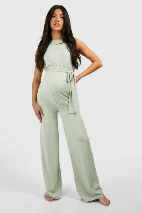 Maternity Rib Belted Sleeveless Lounge Jumpsuit