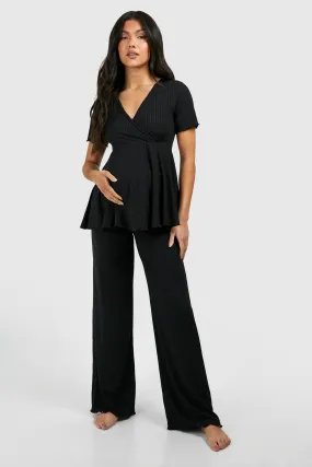 Maternity Rib Peplum Top Wide Leg Lounge Set