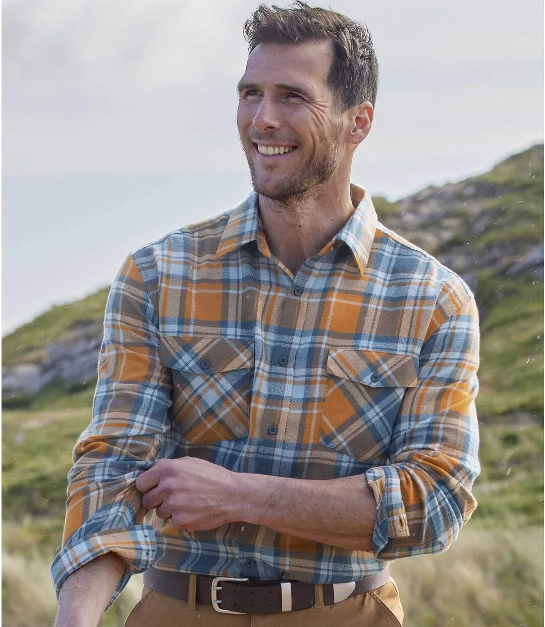 Men's Checked Flannel Shirt - Orange Blue 