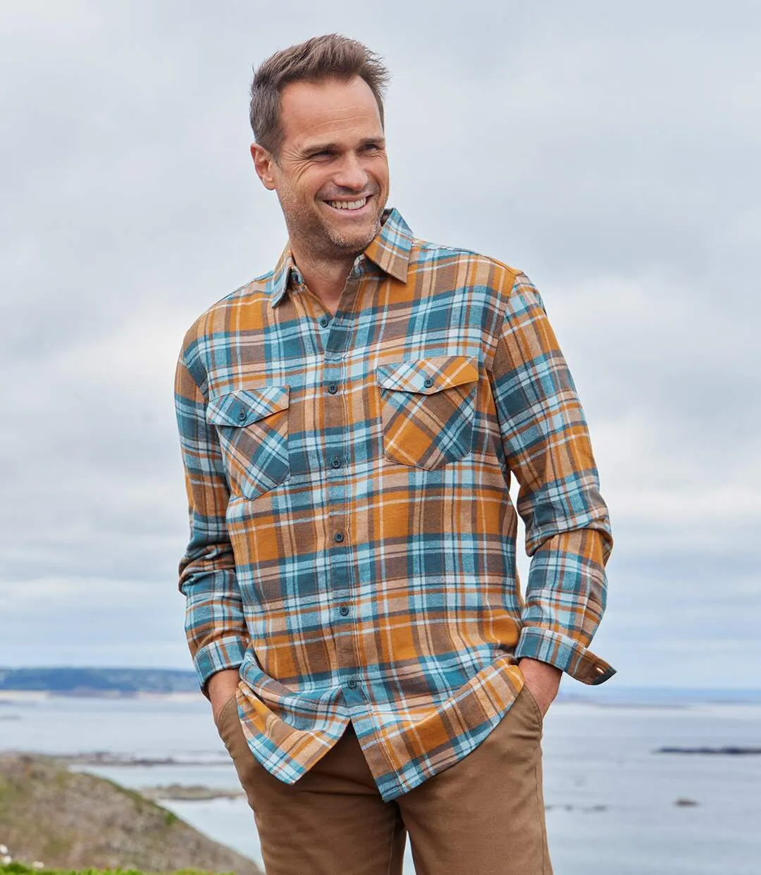 Men's Checked Flannel Shirt - Orange Blue 