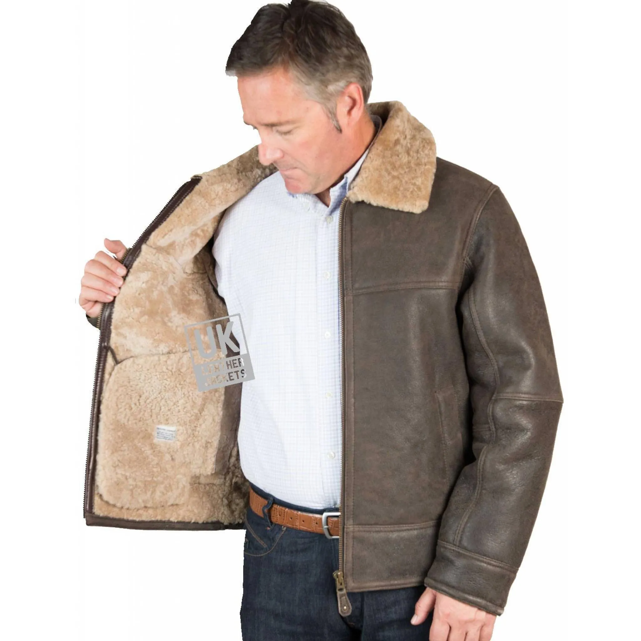 Mens Shearling Sheepskin Flying Jacket - Calgary - Vintage Matt Brown | Free UK Delivery