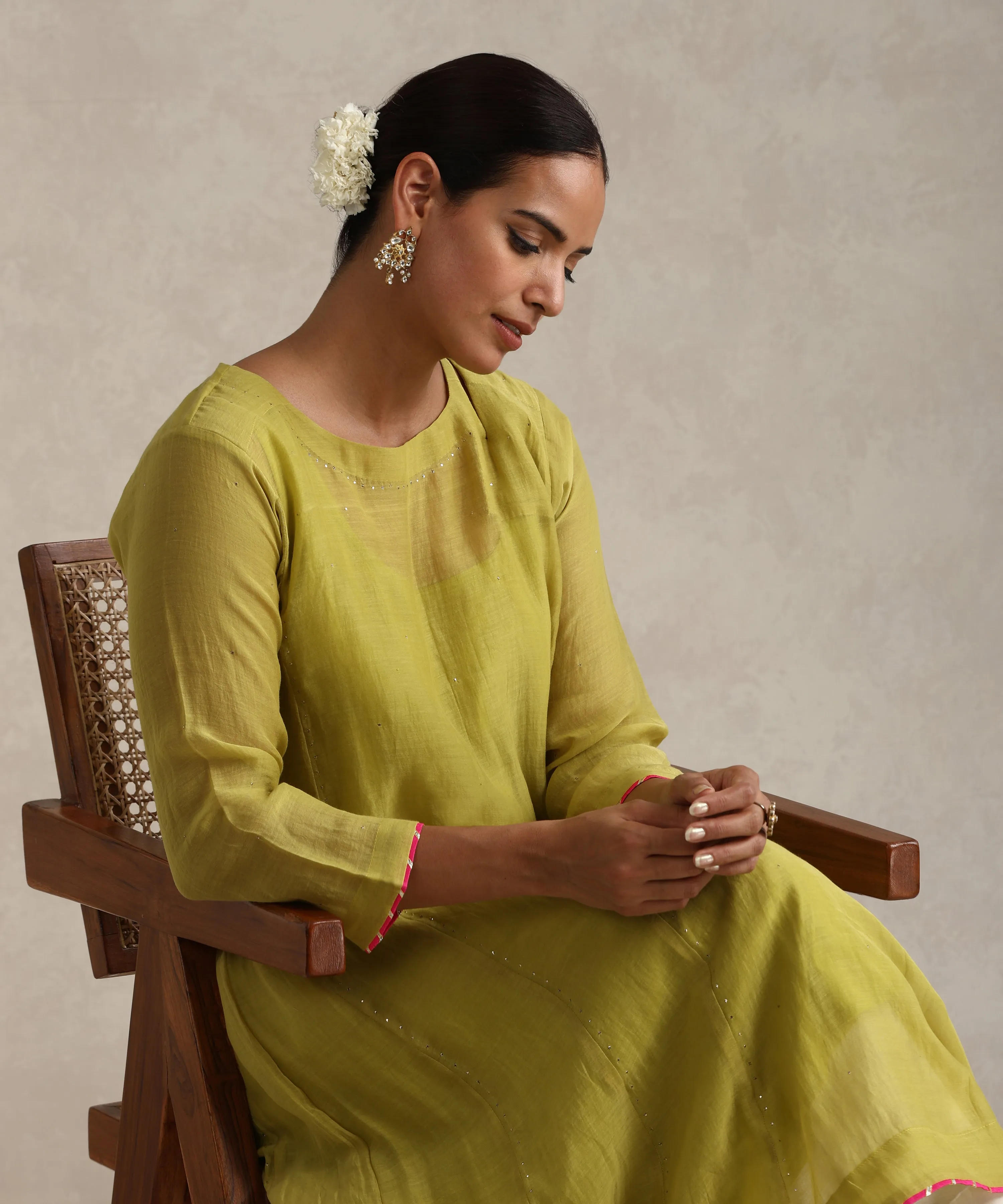 Ochre Green Chanderi Mulmul Kurta Set With Muqaish Work And Cotton Slip Lining