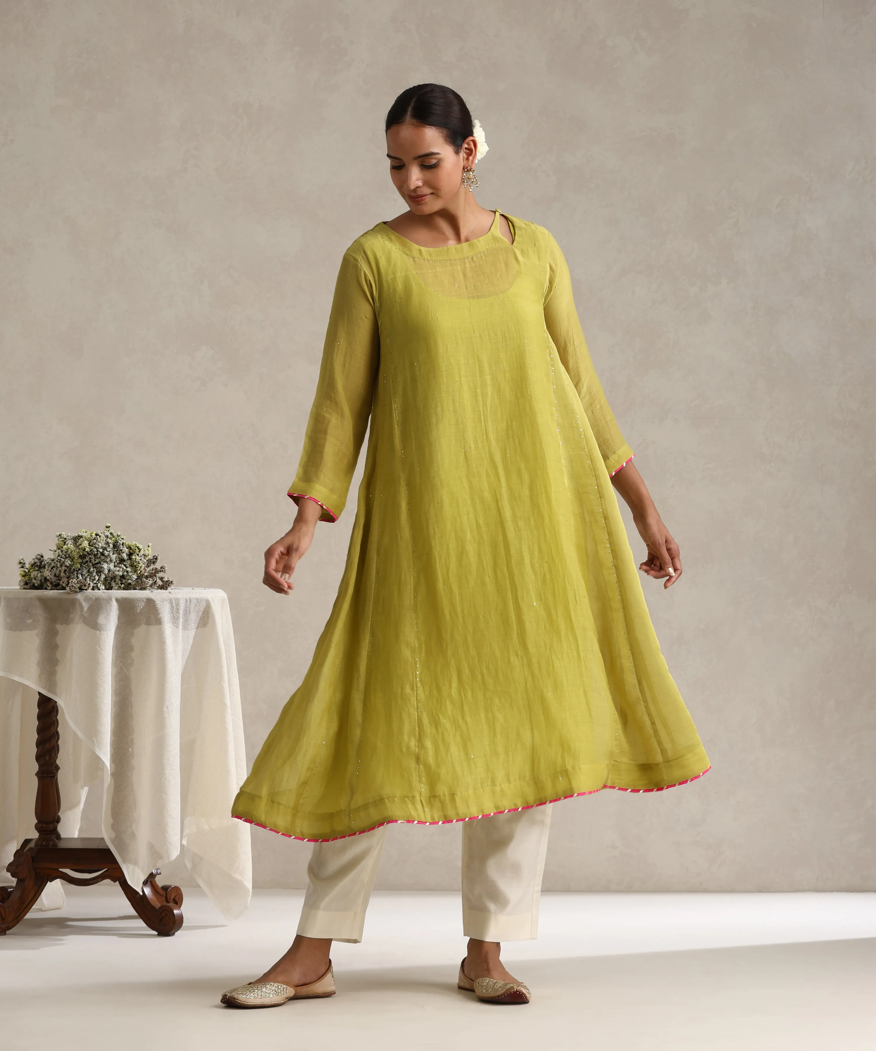 Ochre Green Chanderi Mulmul Kurta Set With Muqaish Work And Cotton Slip Lining