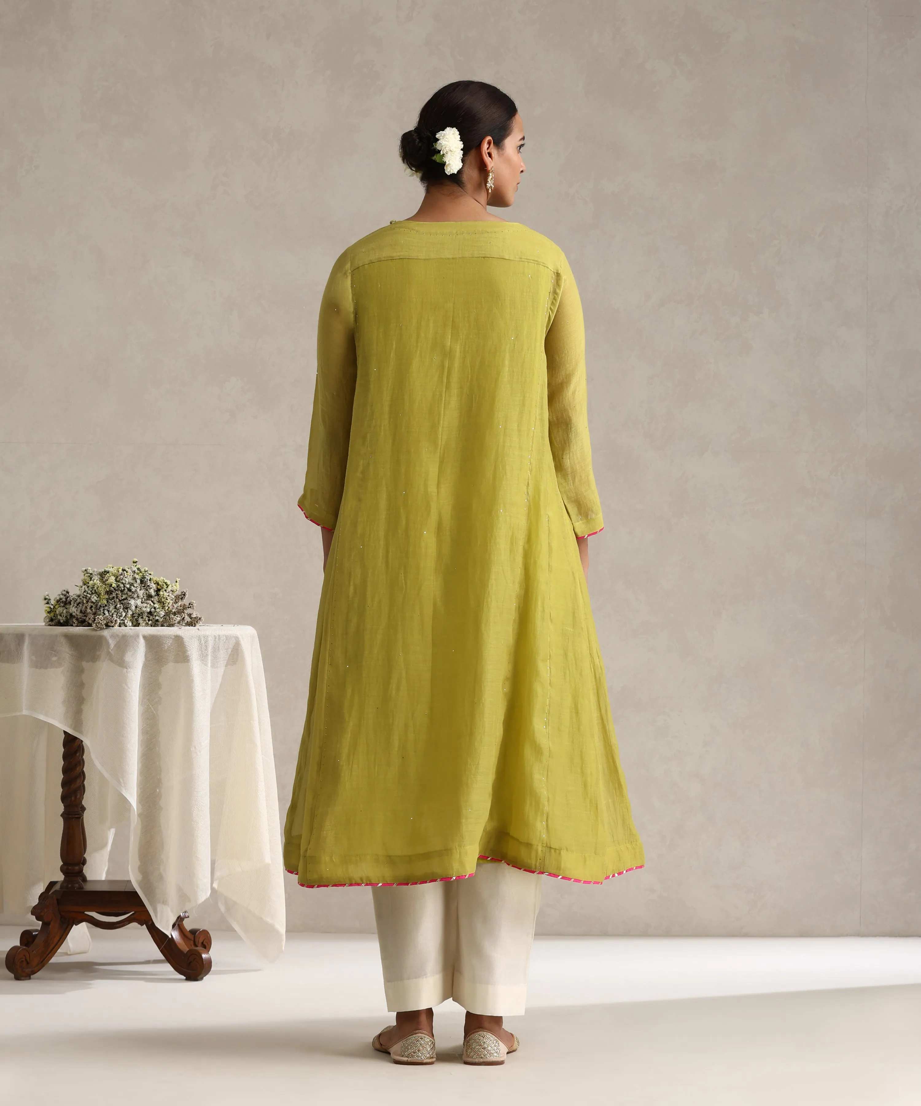 Ochre Green Chanderi Mulmul Kurta Set With Muqaish Work And Cotton Slip Lining