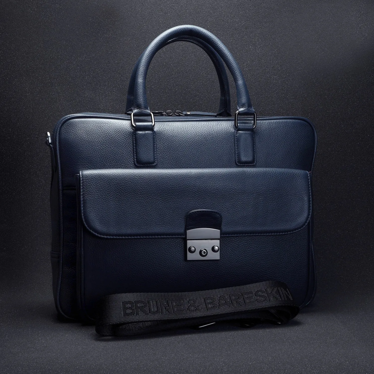 Organized Laptop/Office Briefcase in Textured Navy Blue Leather