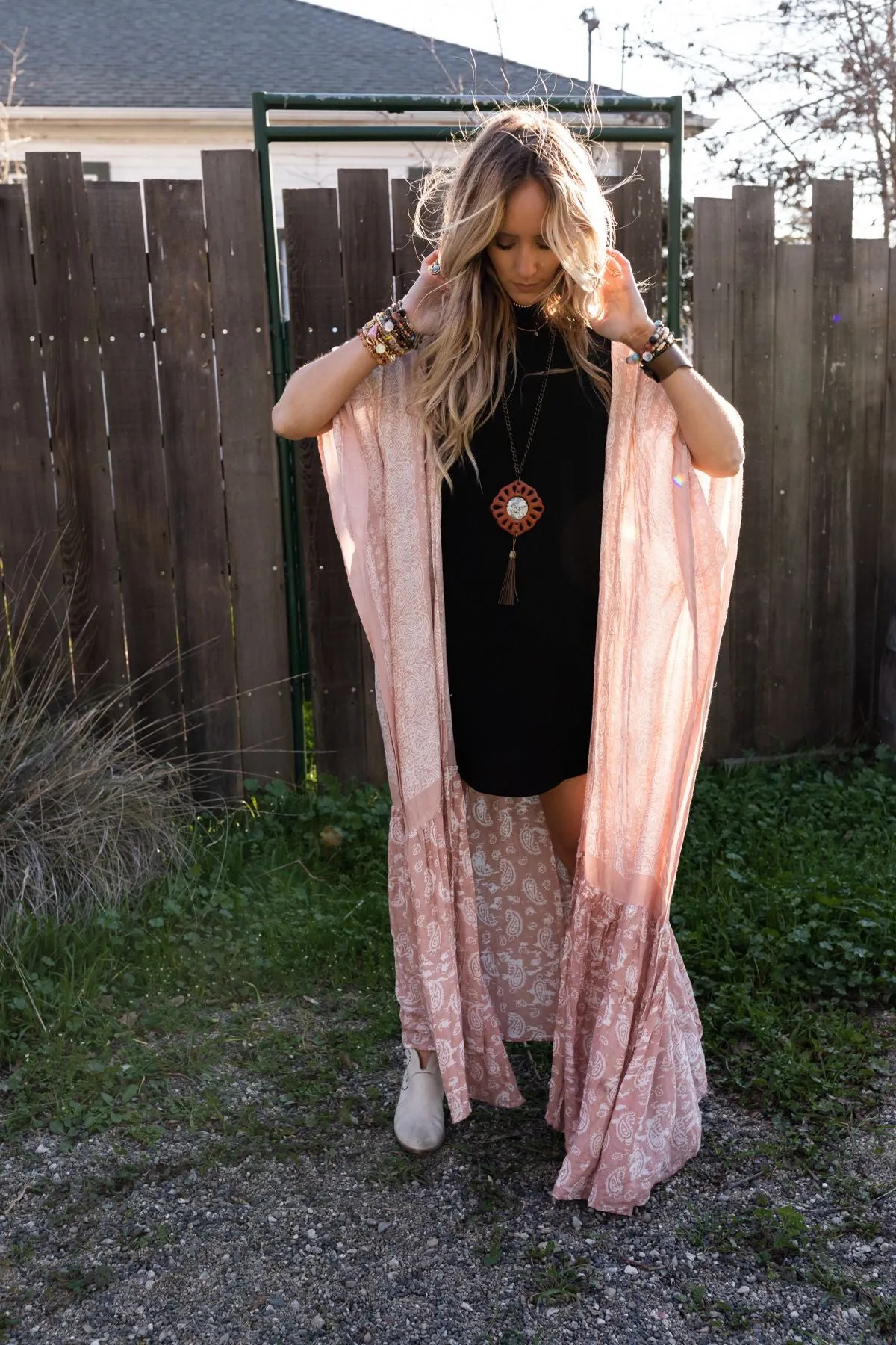 Paisley Tapestry Free Flow Duster Kimono - Blush