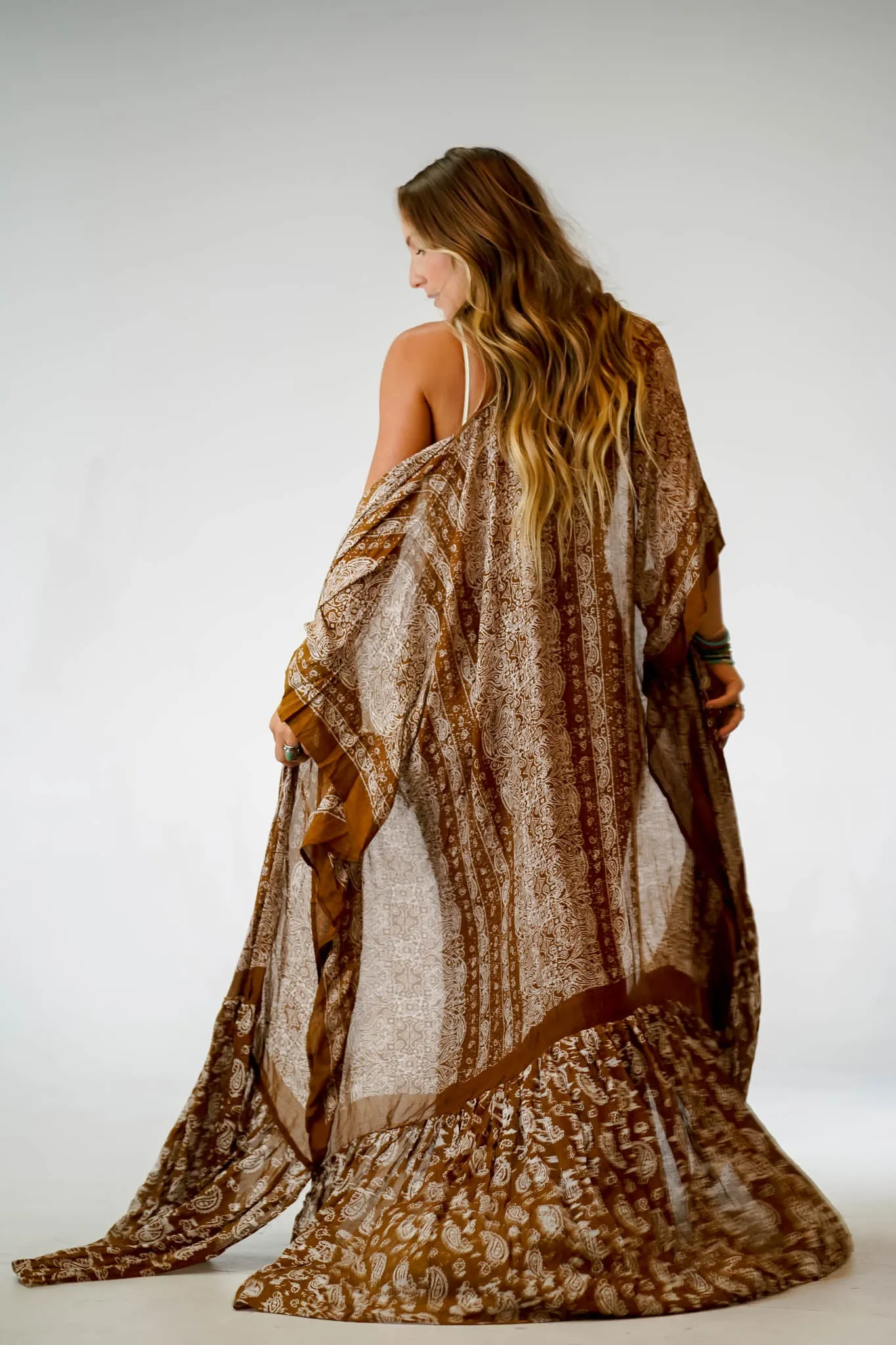 Paisley Tapestry Free Flow Duster Kimono - Brown