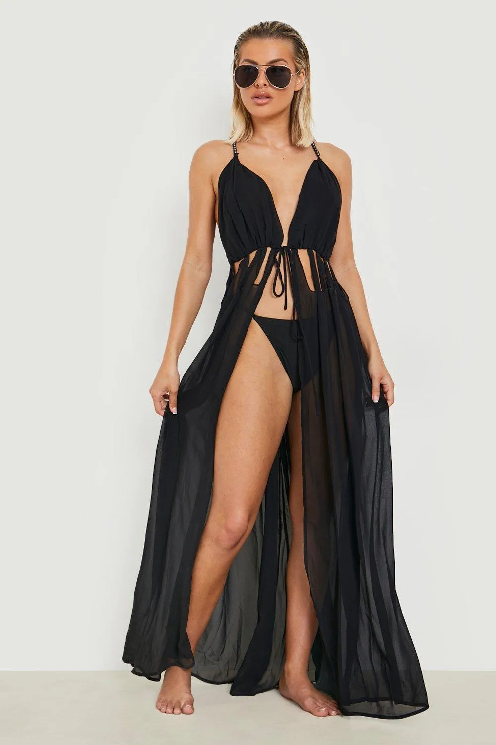 Premium Beach Tie Cut Out Detail Maxi Kimono