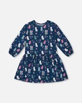 Printed Long Sleeve Dress Navy Blue With Kitten