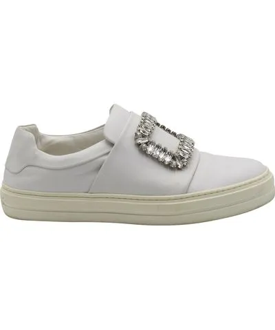 ROGER VIVIER Crystal Buckle Sneakers in White Leather